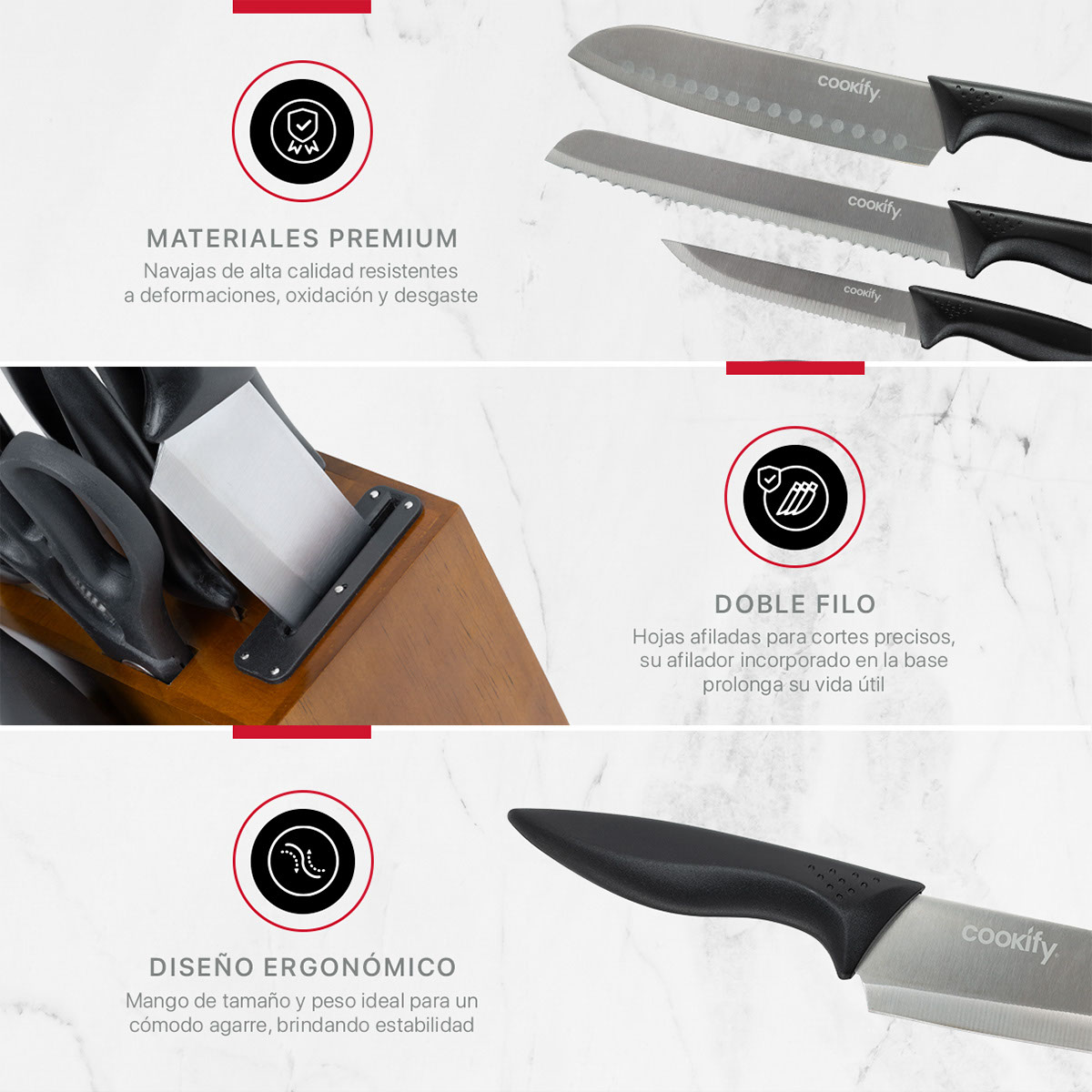 Cuchillos para Cocina 15 piezas en Set de Acero Inoxidable Juego con Base Tijeras y Afilador (Madera/Negro) Cookify