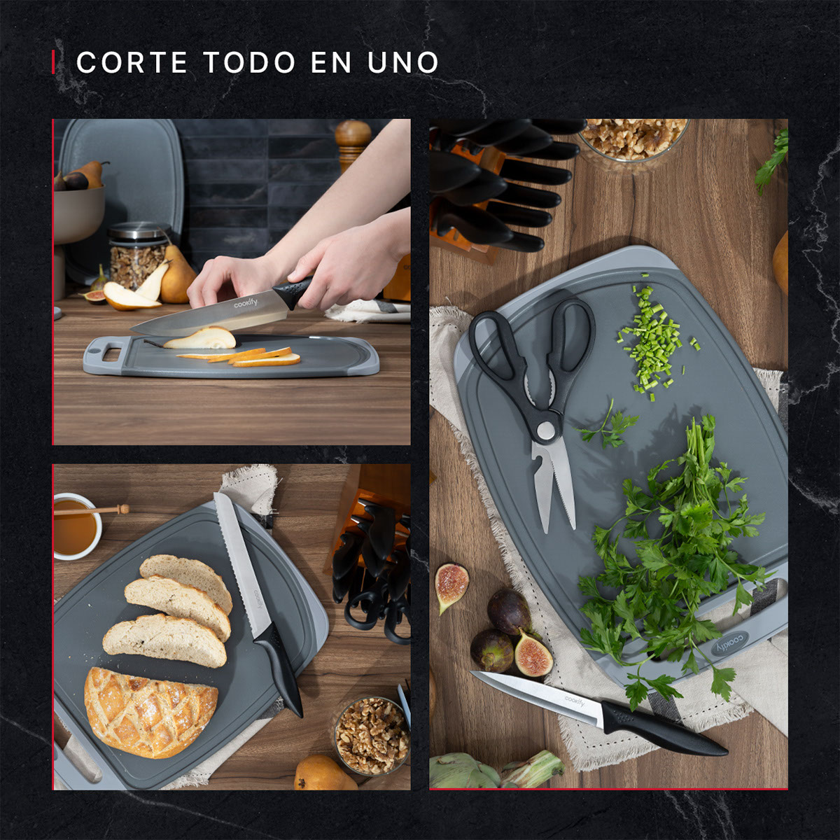 Cuchillos para Cocina 15 piezas en Set de Acero Inoxidable Juego con Base Tijeras y Afilador (Madera/Negro) Cookify