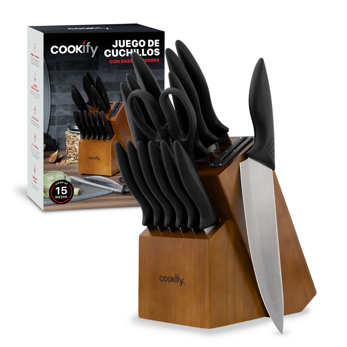 Cuchillos para Cocina 15 piezas en Set de Acero Inoxidable Juego con Base Tijeras y Afilador (Madera/Negro) Cookify