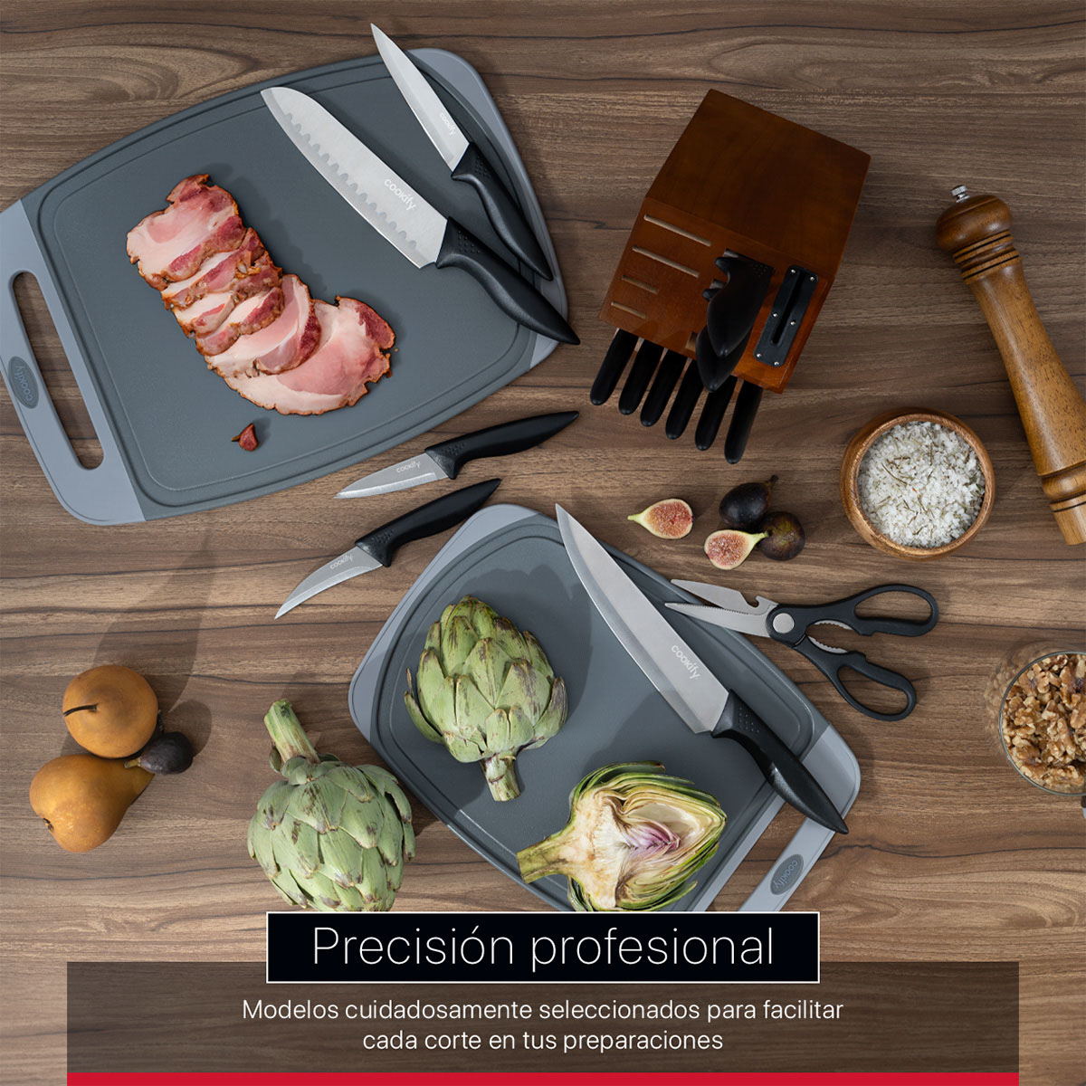 Cuchillos para Cocina 15 piezas en Set de Acero Inoxidable Juego con Base Tijeras y Afilador (Madera/Negro) Cookify