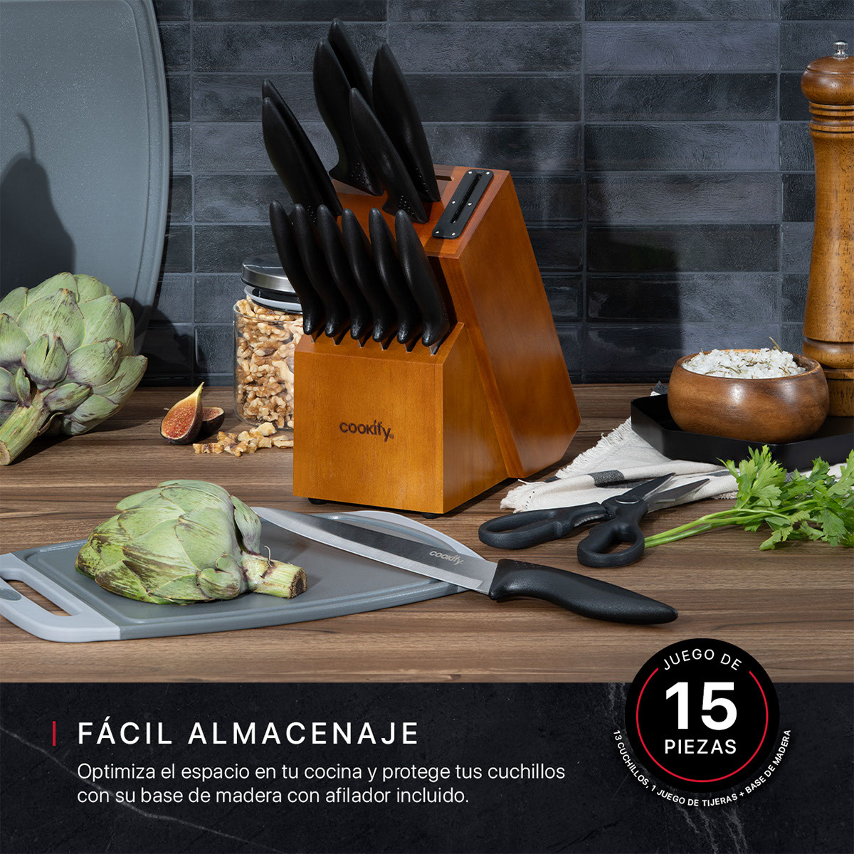 Cuchillos para Cocina 15 piezas en Set de Acero Inoxidable Juego con Base Tijeras y Afilador (Madera/Negro) Cookify