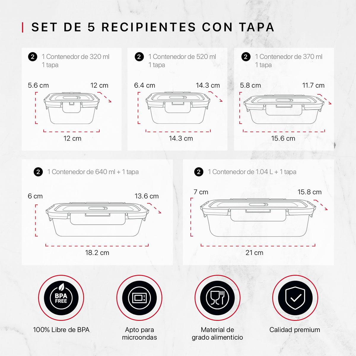 Recipientes de Vidrio Herméticos para Alimentos 5 Contenedores con 5 Tapas - Toppers Cookify