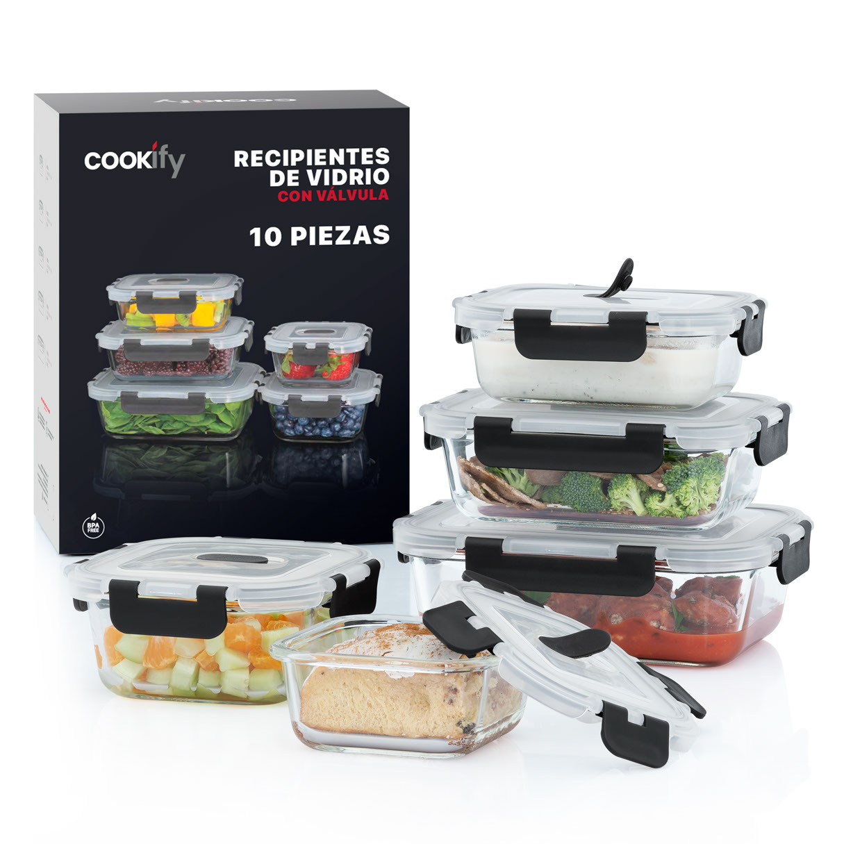 Recipientes de Vidrio Herméticos para Alimentos 5 Contenedores con 5 Tapas - Toppers Cookify