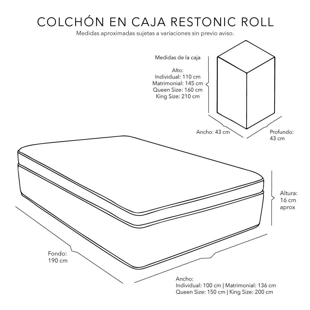 Colchón Matrimonial Restonic Roll con Almohada One, Sábanas, Protector y Edredon Verona
