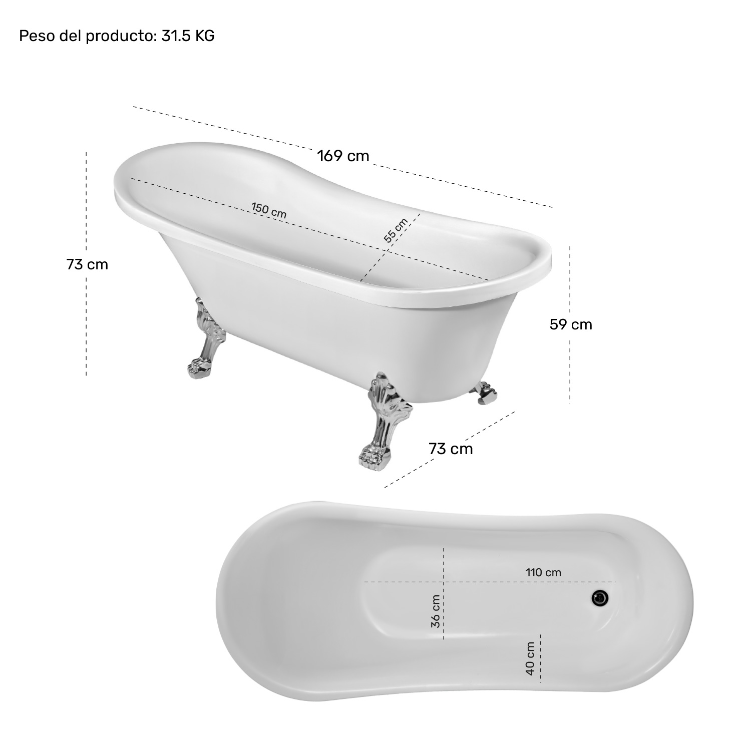 Tina Baño Premium Vintage 179l Fibra Vidrio 169x73x73 Cm