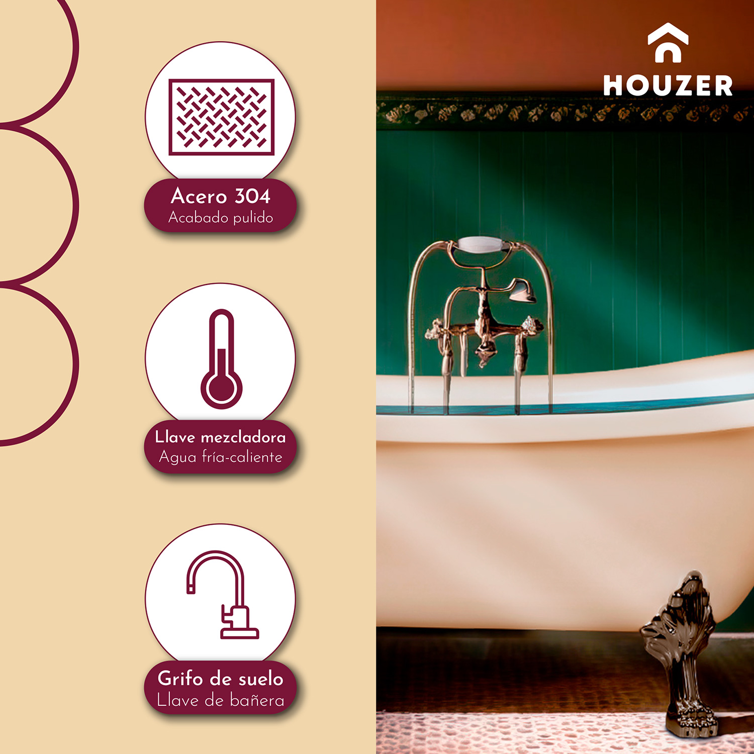 Tina Baño Premium Vintage 179l Fibra Vidrio 169x73x73 Cm