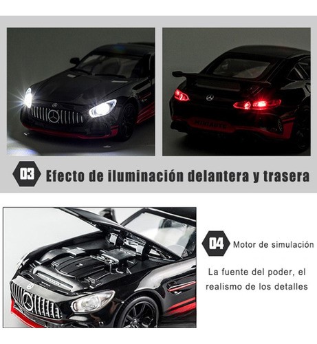 Mercedes-benz Gtr Coche De Juguete De Metal Con Faros 1:32 Negro rojo 