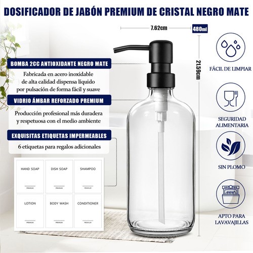 Dispensador De Jabon 2 Kit Vidrio Baño Accesorios Liquido negro/transparente