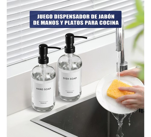Dispensador De Jabon 2 Kit Vidrio Baño Accesorios Liquido negro/transparente