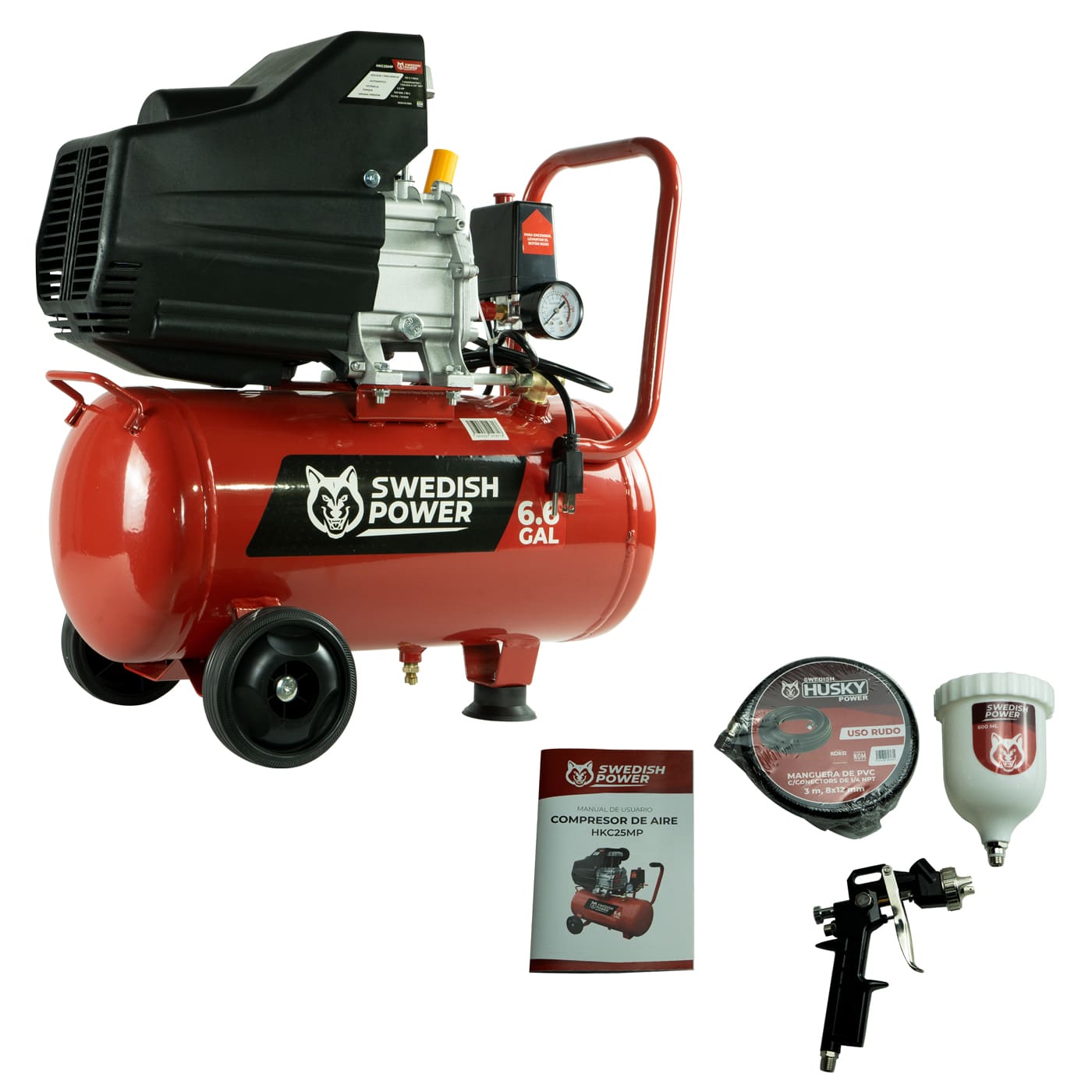 COMPRESOR DE AIRE SWEDISH HUSKY POWER 25 LITROS 2.5 HP C/MANGUERA Y PISTOLA - HKC25MP