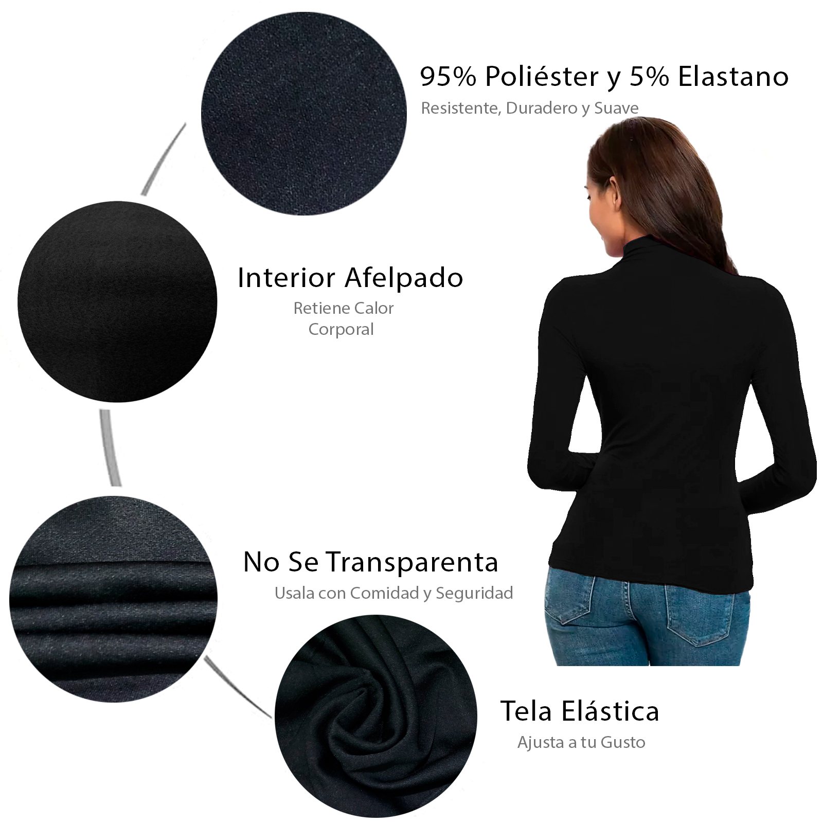 Blusa Cuello Tortuga, Termica, Color Negro, Manga Larga, Unitalla, Afelpada, Playera, Casual, Basica, Camiseta