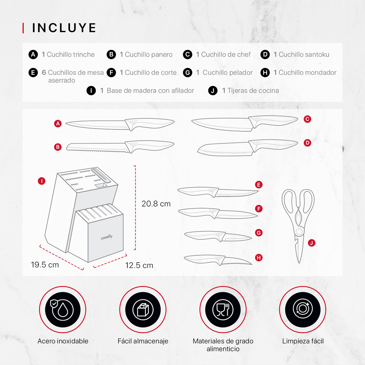 Cuchillos para Cocina 15 piezas en Set de Acero Inoxidable Juego con Base Tijeras y Afilador (Madera/Negro) Cookify