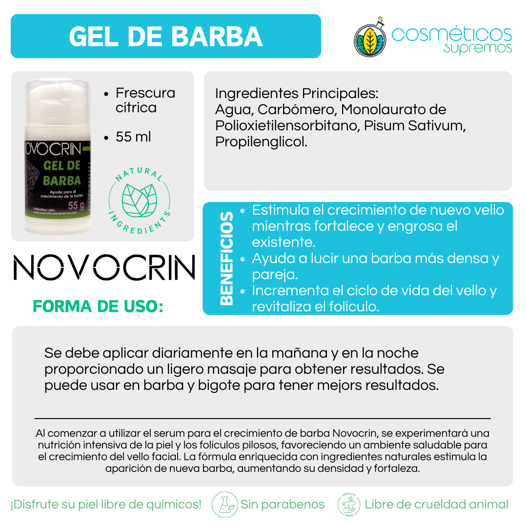 Crema Barba / Estimula crecimiento de nuevo bello, Barba más densa y pareja, Crecimiento barba y bigote / NOVOCRIN / 55 g Crecimiento de barba y bigote
