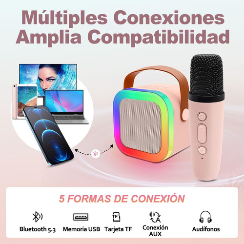Mini Karaoke Portátil Con 2 Micrófonos Inalámbricos Y Luces LED Para Niños Y Adultos - Aischens, Altavoz Bluetooth Con Efectos De Voz Y Conexión AUX, USB Y MicroSD - Regalo Perfecto En Rosa