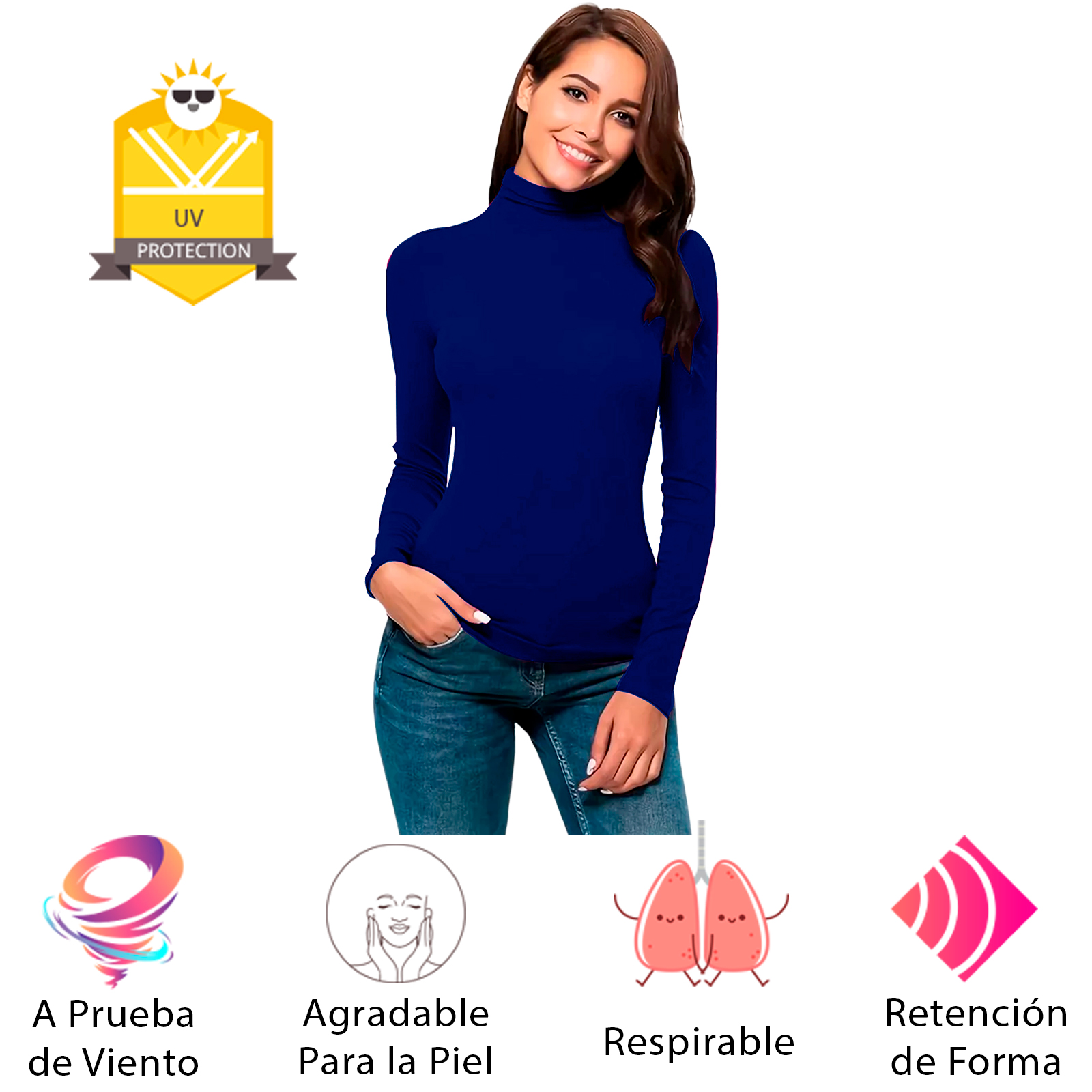 Blusa Termica  Mujer, Azul Marino, Manga Larga, Unitalla, Cuello Alto, Playera, Casual, Basica, Camiseta, Uso Diario
