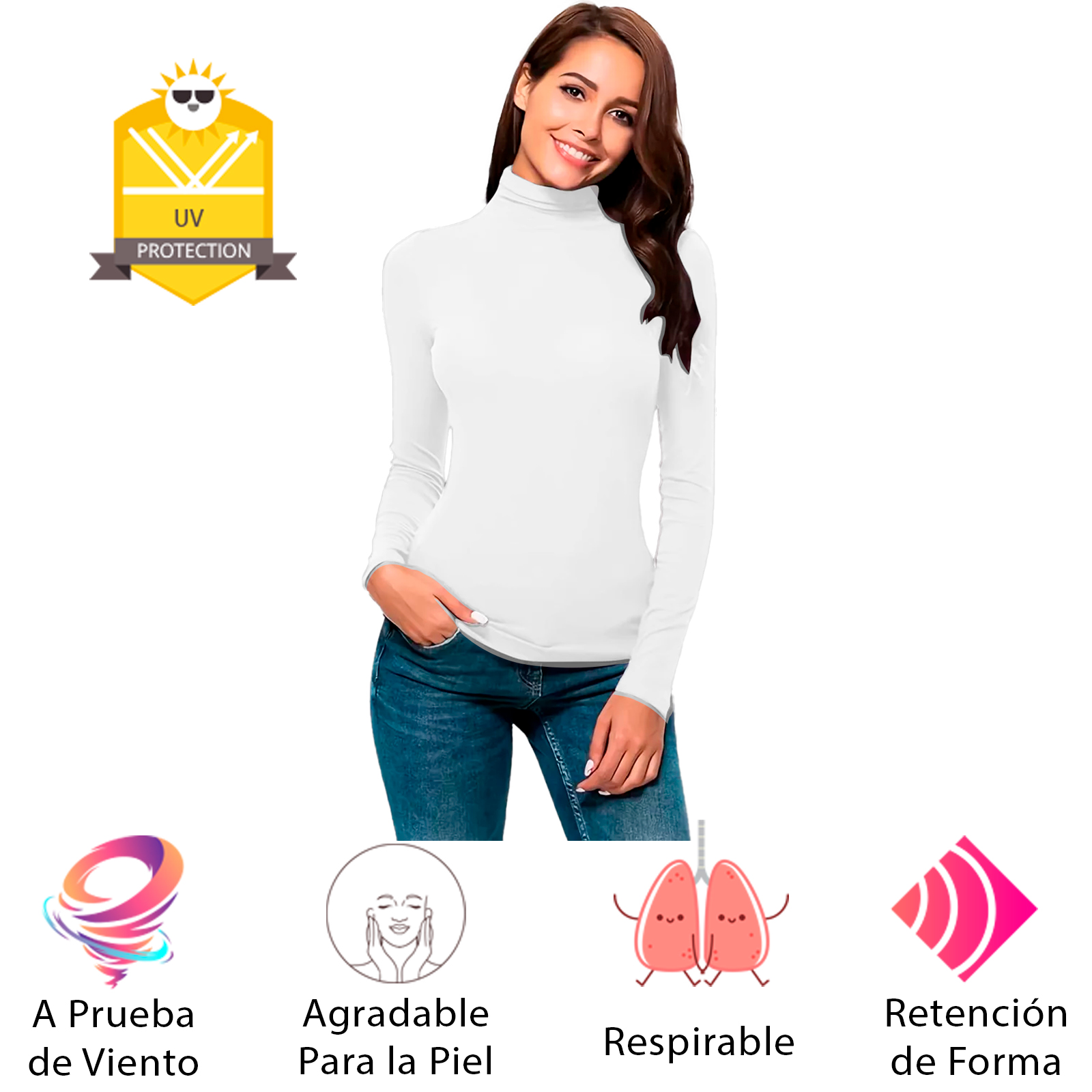 Blusa Termica  Mujer, Blanco, Manga Larga, Unitalla, Cuello Alto, Playera, Casual, Basica, Camiseta, Uso Diario