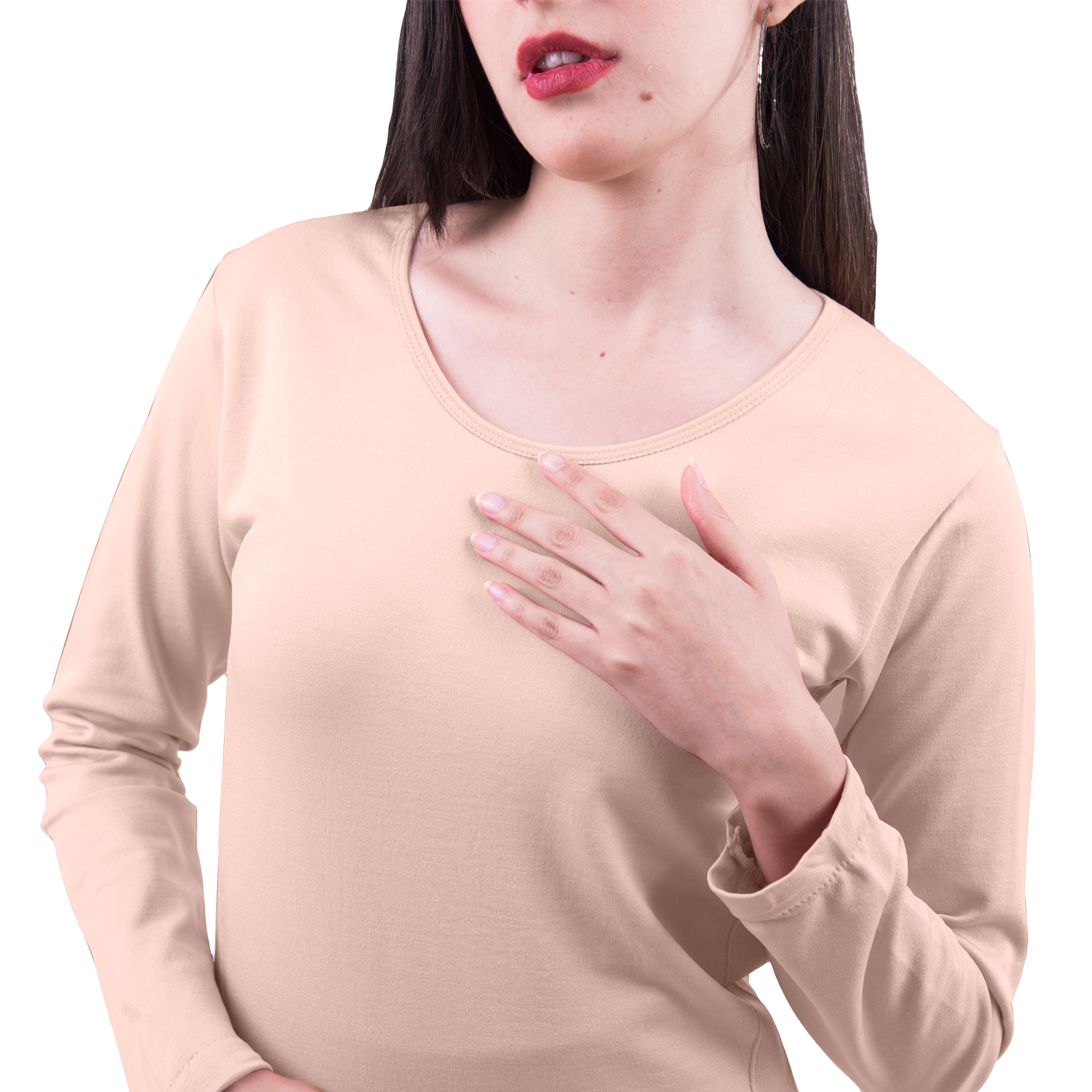 Blusa Termica Mujer, Beige, Manga Larga, Cuello Redondo, Unitalla, Playera, Casual, Basica, Camiseta, Uso Diario