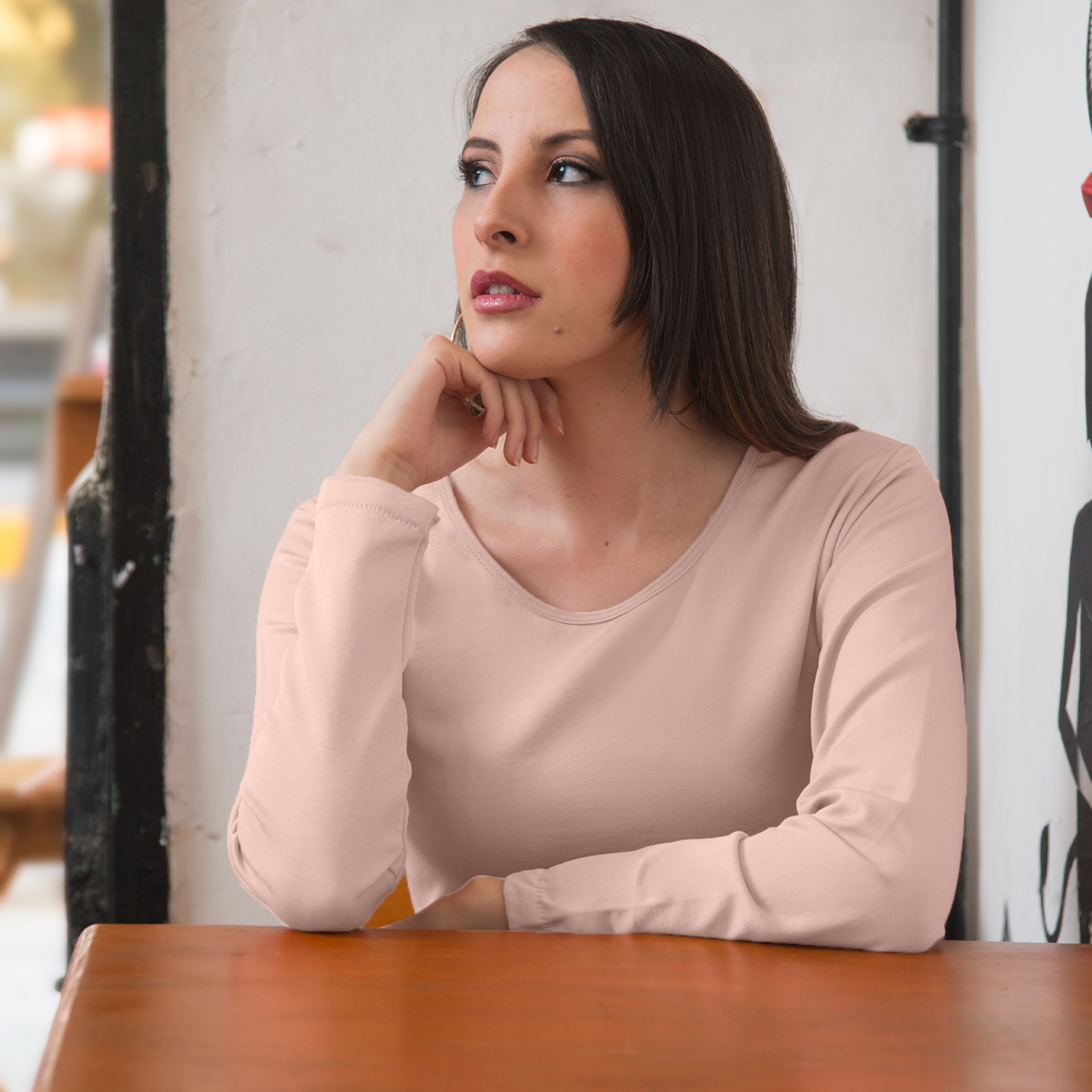 Blusa Termica Mujer, Beige, Manga Larga, Cuello Redondo, Unitalla, Playera, Casual, Basica, Camiseta, Uso Diario