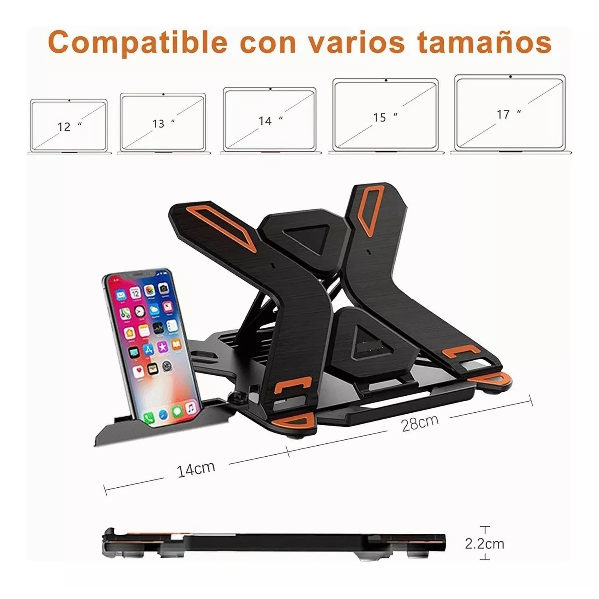 Base Ajustable Para Portátil + Soporte Para Teléfono Móvil Color Negro