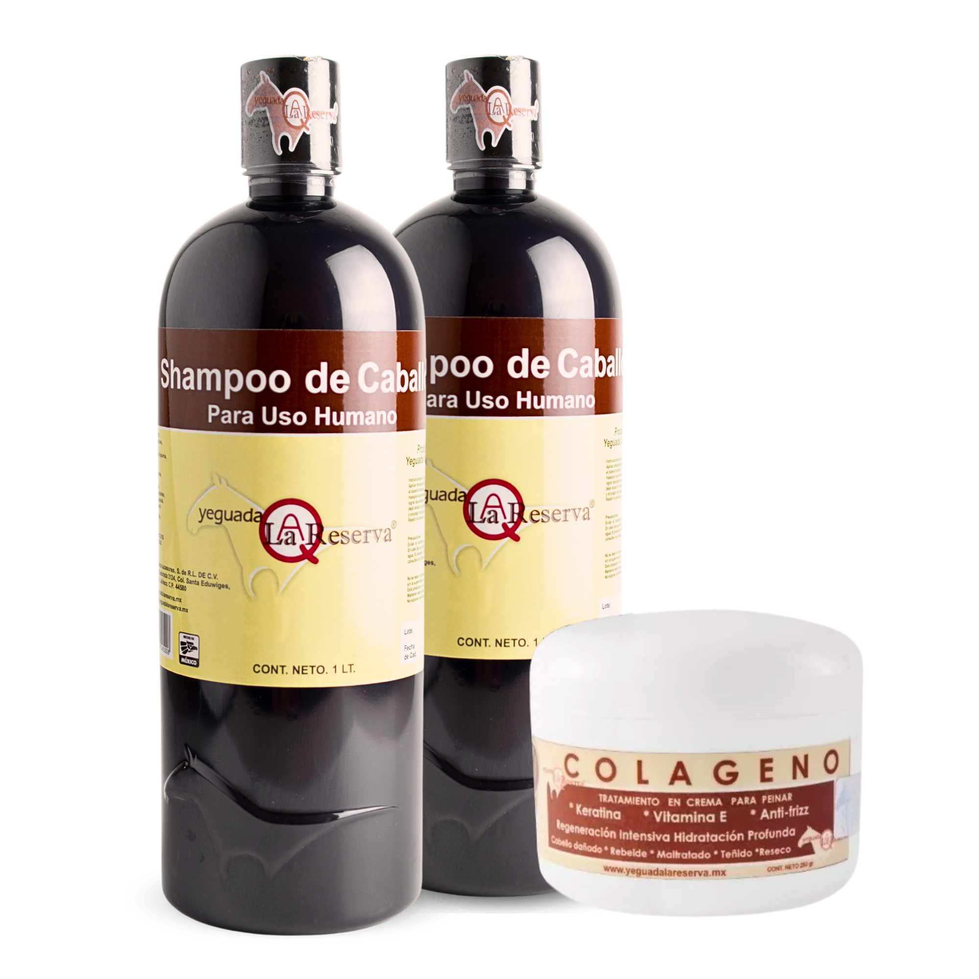 2 Shampoo Yeguada la Reserva de litro y 1 Colágenos grande de 250 gramos productos originales. Este es el shampoo de caballo de uso humano anticaida y crecimiento del cabello con el colágeno capilar para obtener cabello sedoso y saludable