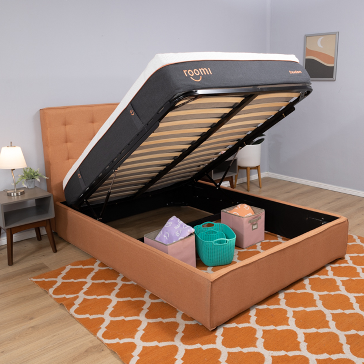 Base Matrimonial Para CoIchón Roomi Freedom, Box Con Sistema De Almacenaje Naranja