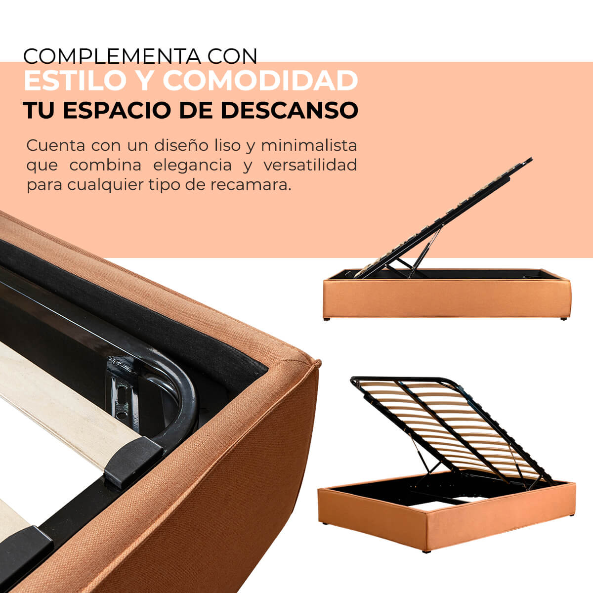 Base Matrimonial Para CoIchón Roomi Freedom, Box Con Sistema De Almacenaje Naranja