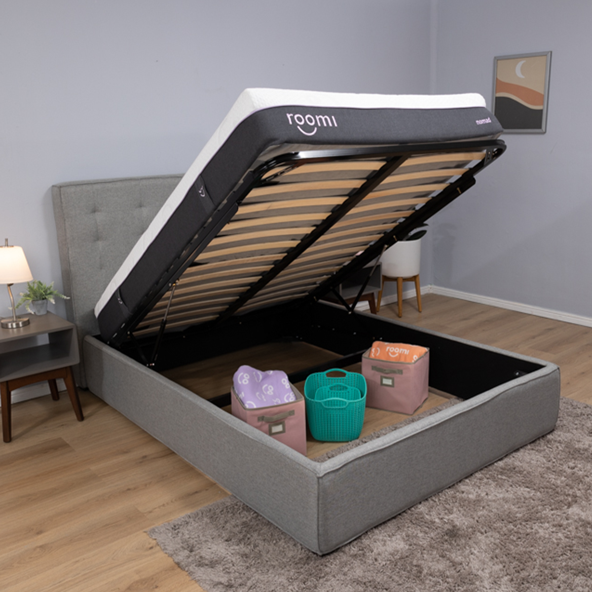 Base Queen Size Para CoIchón Roomi, Box Con Sistema De Almacenaje Gris