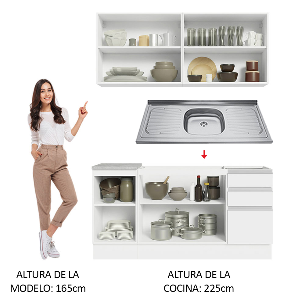 Mueble de Cocina Integral Madesa Glamy Con Mesón De Acero 160 Cm
