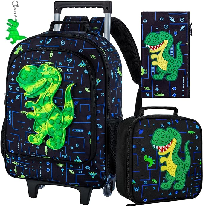 Mochila Com Rodinhas Dinossauro - Kit 3 Peças Para Meninos