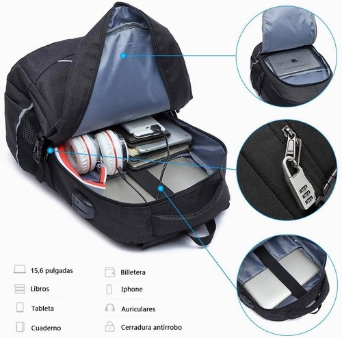 Mochila Antirrobo con Cargador Usb 35L Color Negro