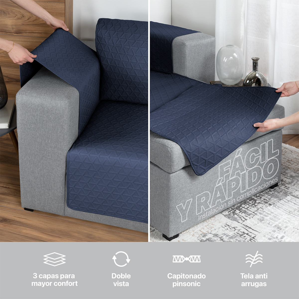 Protector Cubre Sala Funda Sofá En Forma De L Azul marino REAL TEXTIL