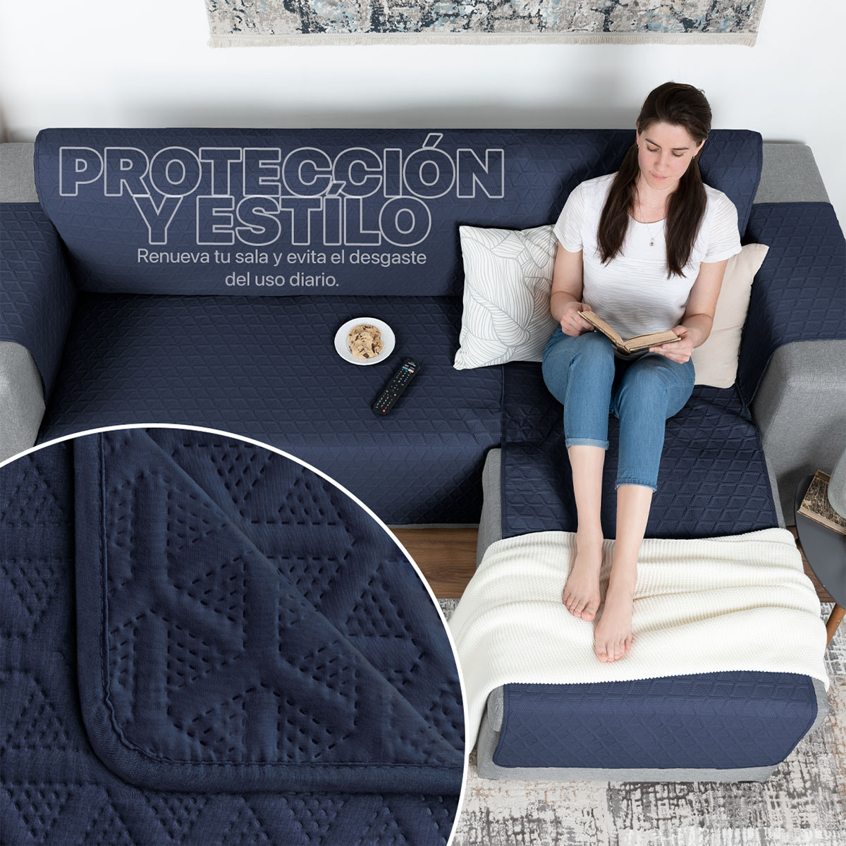 Protector Cubre Sala Funda Sofá En Forma De L Azul marino REAL TEXTIL