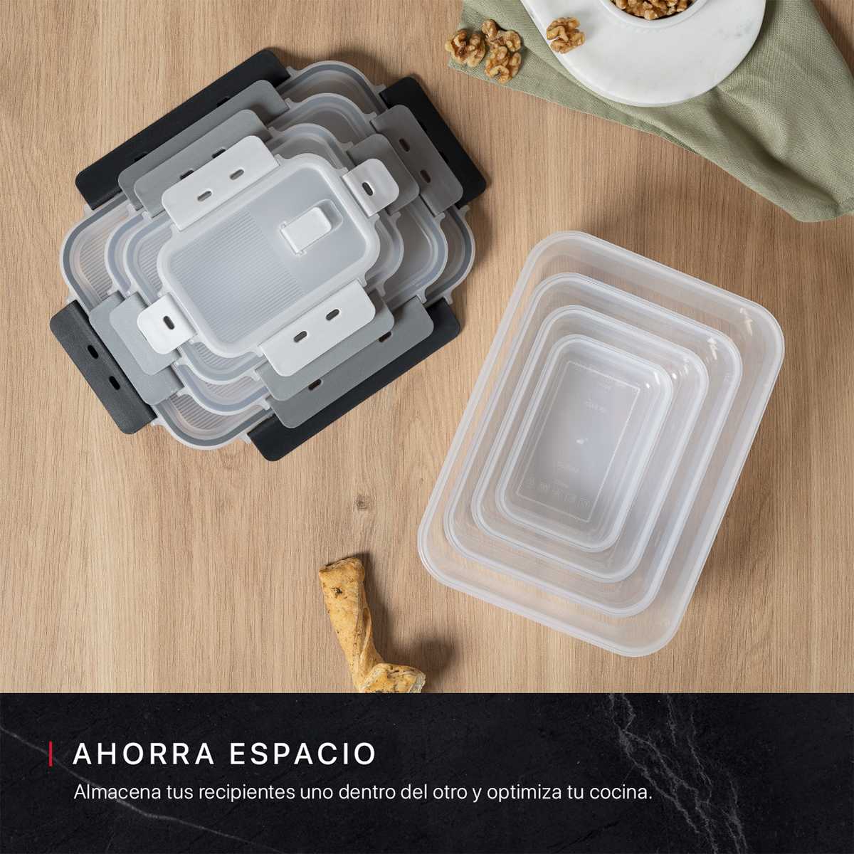 Recipientes de Plástico Herméticos para Alimentos 4 Contenedores con 4 Tapas - Toppers Rectangulares Cookify