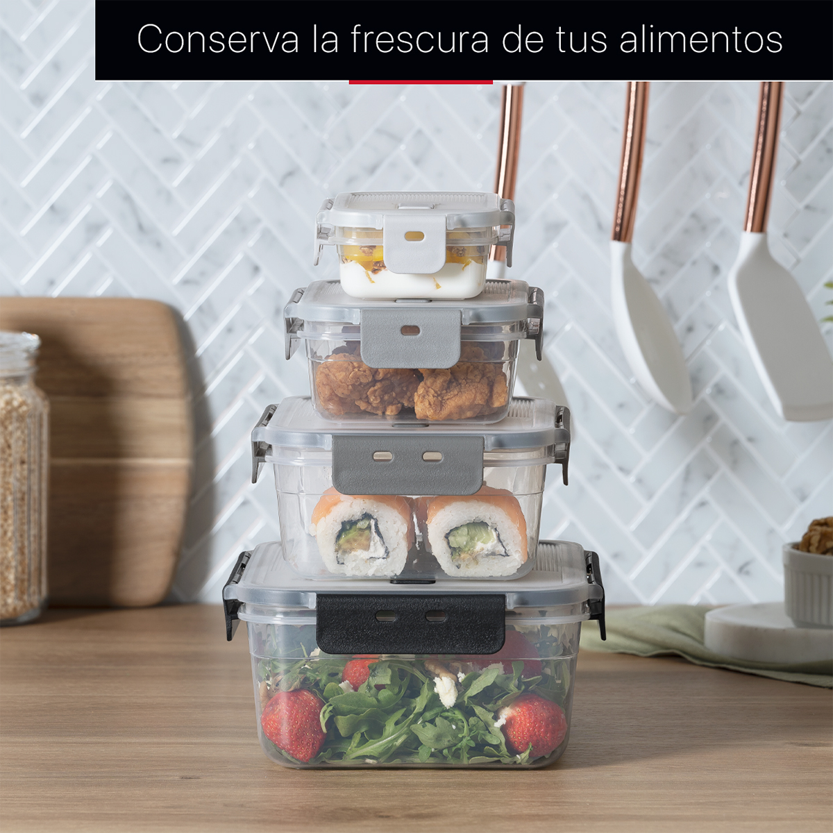 Recipientes de Plástico Herméticos para Alimentos 4 Contenedores con 4 Tapas - Toppers Rectangulares Cookify