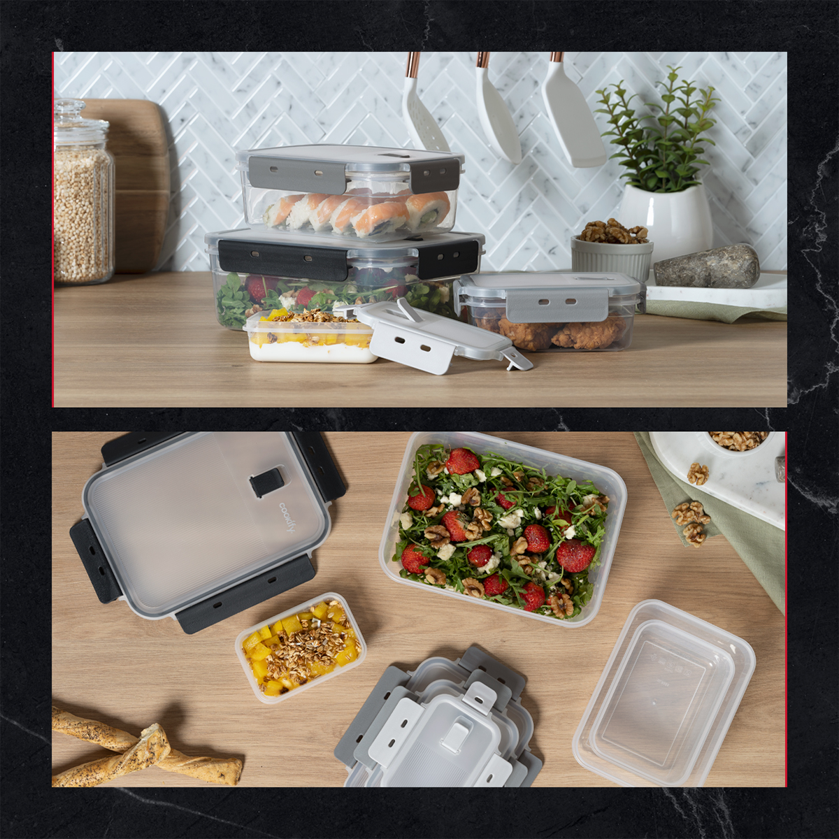 Recipientes de Plástico Herméticos para Alimentos 4 Contenedores con 4 Tapas - Toppers Rectangulares Cookify