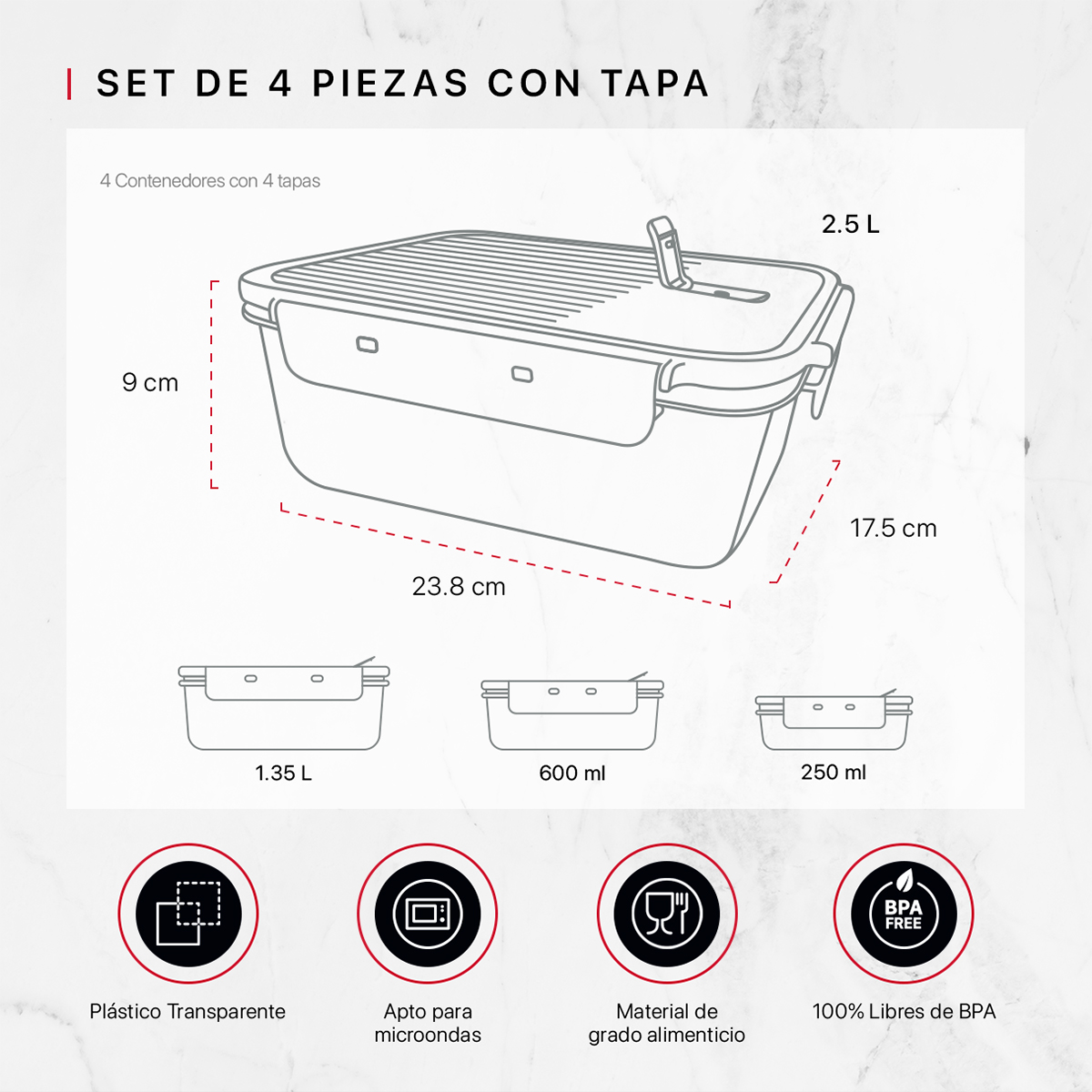 Recipientes de Plástico Herméticos para Alimentos 4 Contenedores con 4 Tapas - Toppers Rectangulares Cookify