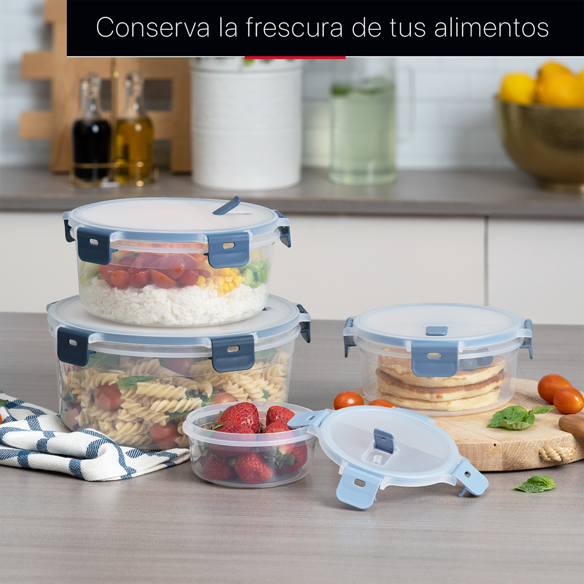 Recipientes de Plástico Herméticos para Alimentos 4 Contenedores con 4 Tapas - Toppers Redondos Cookify