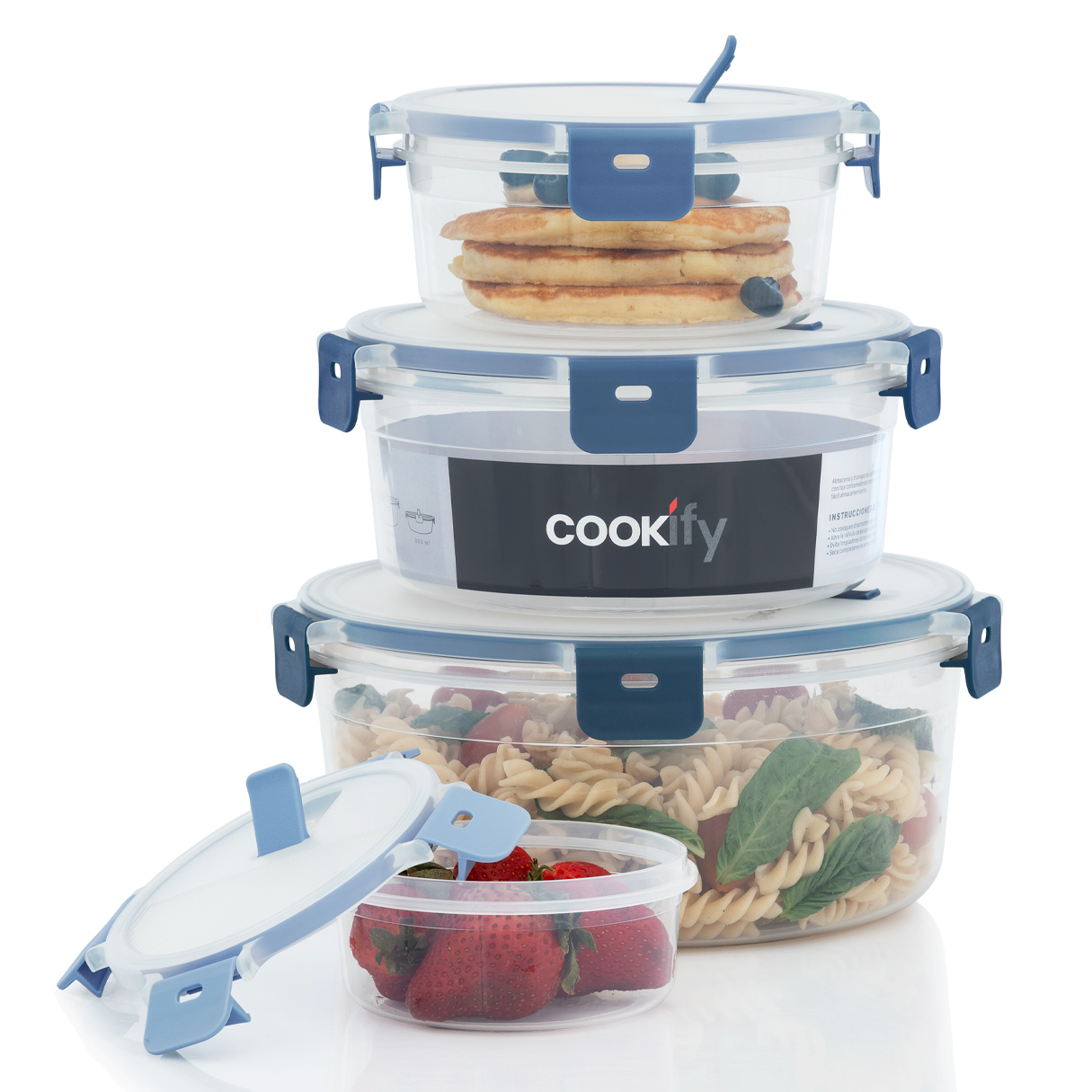 Recipientes de Plástico Herméticos para Alimentos 4 Contenedores con 4 Tapas - Toppers Redondos Cookify