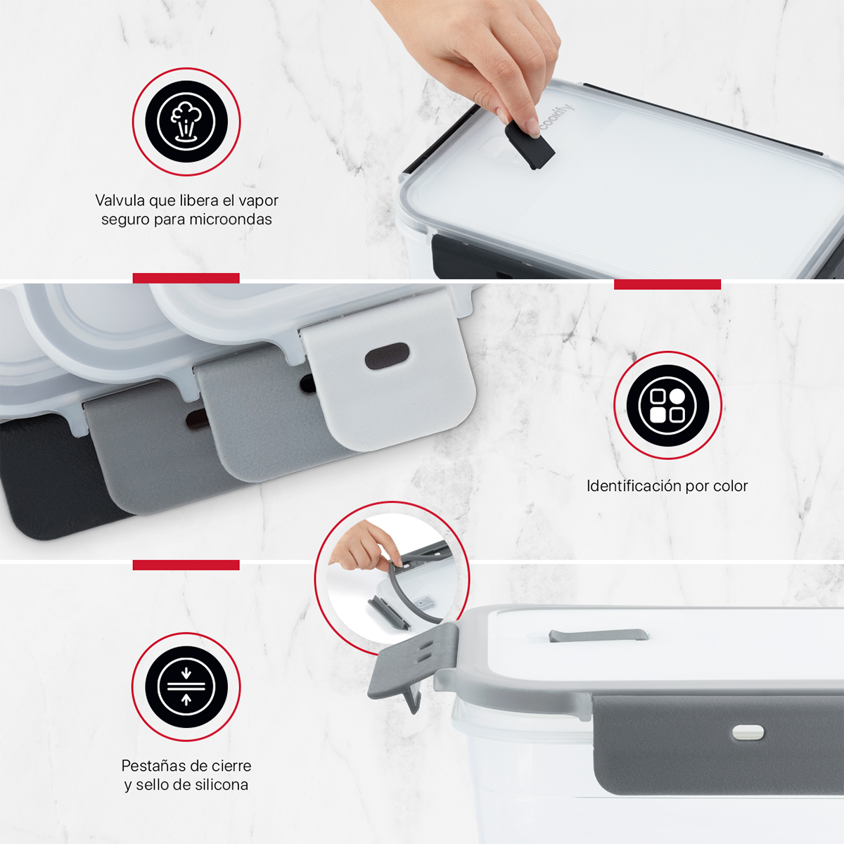 Recipientes de Plástico Herméticos para Alimentos 4 Contenedores con 4 Tapas - Toppers Rectangulares Cookify