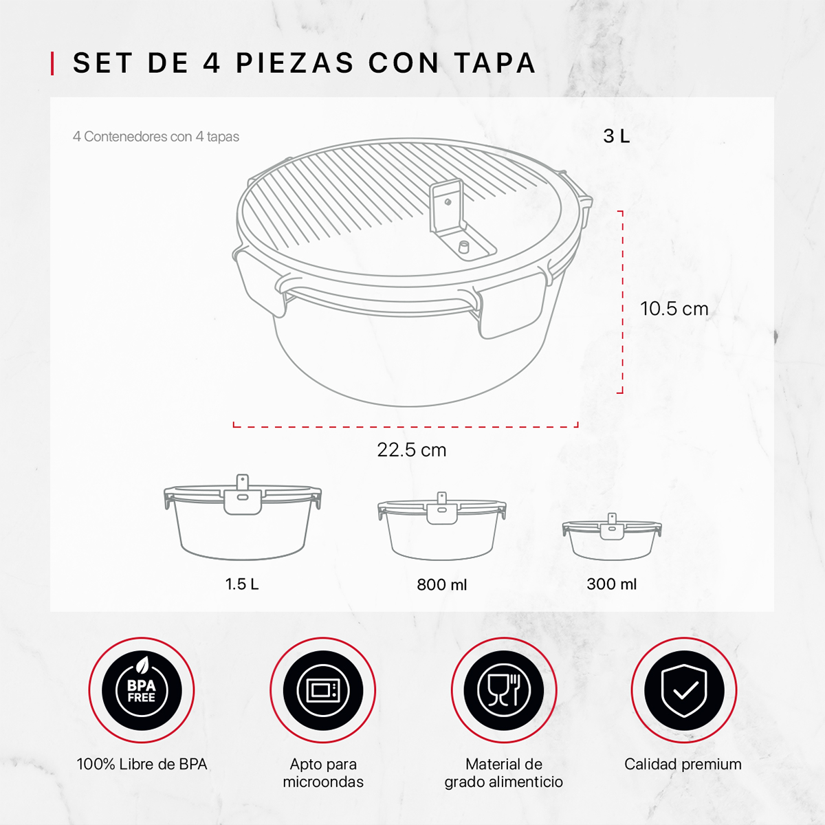 Recipientes de Plástico Herméticos para Alimentos 4 Contenedores con 4 Tapas - Toppers Redondos Cookify