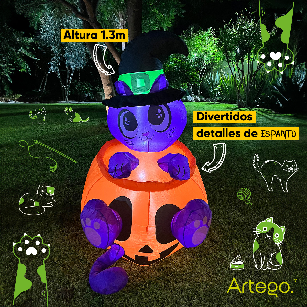 Inflable de Halloween gato minino en calabaza para exteriores 1.3m