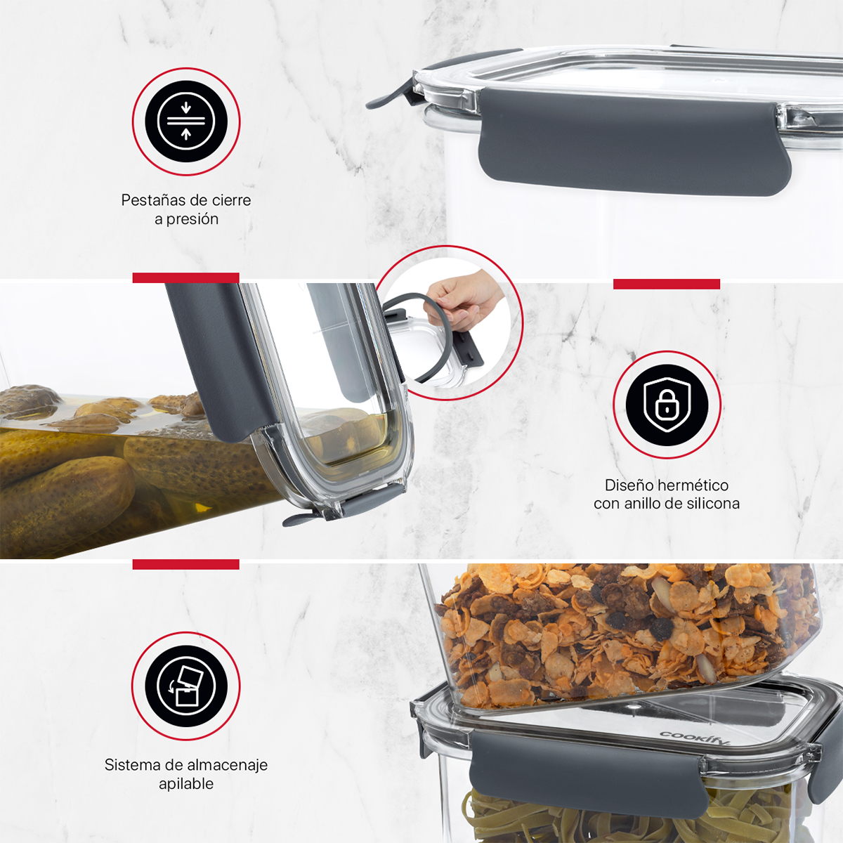 Recipientes de Plástico Herméticos para Alimentos 4 Contenedores con 4 Tapas - Organizadores Cookify