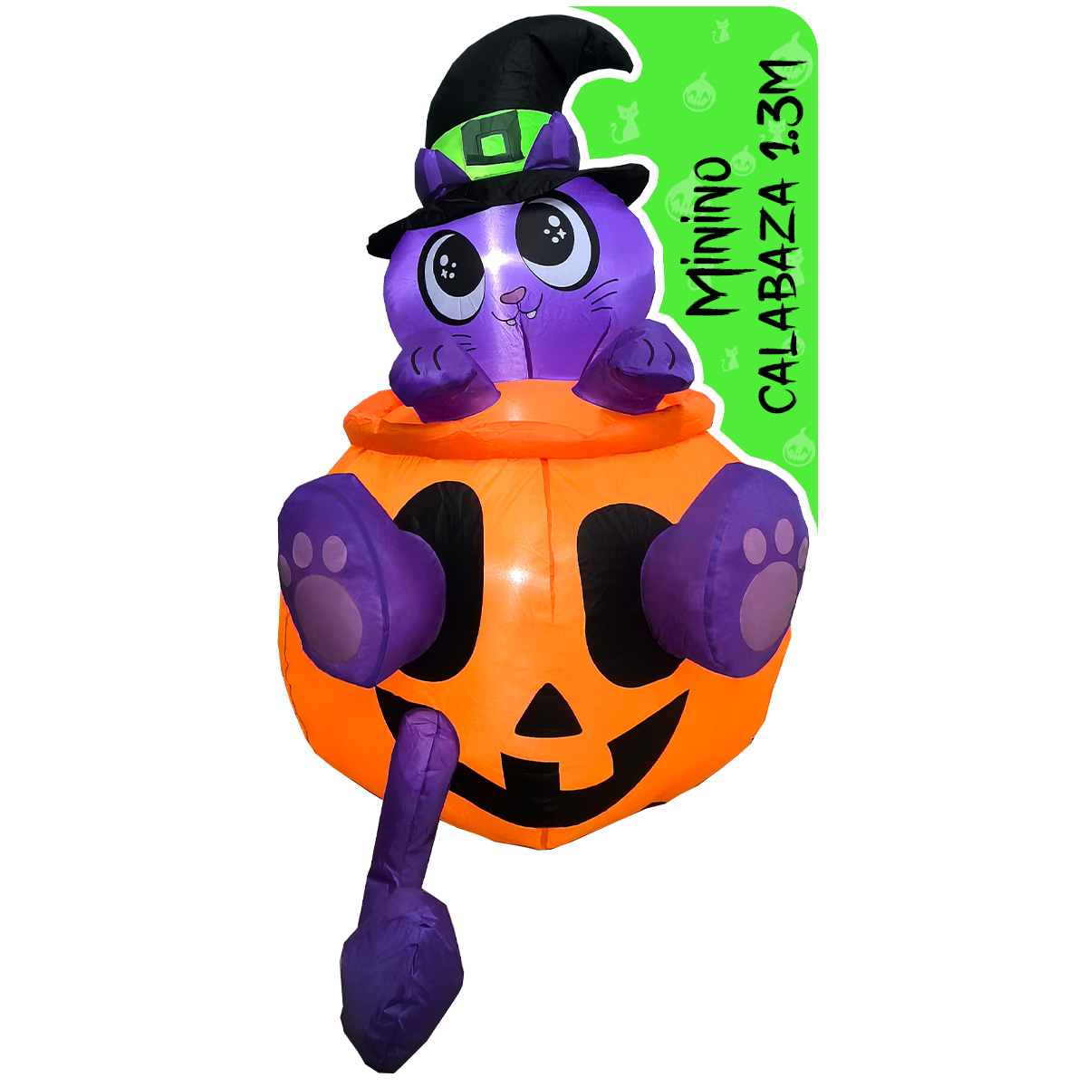 Inflable de Halloween gato minino en calabaza para exteriores 1.3m
