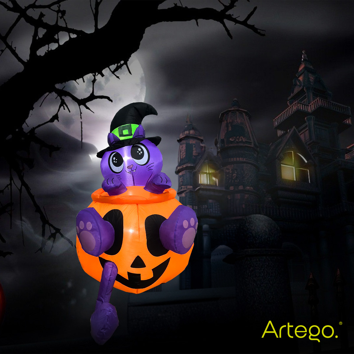 Inflable de Halloween gato minino en calabaza para exteriores 1.3m