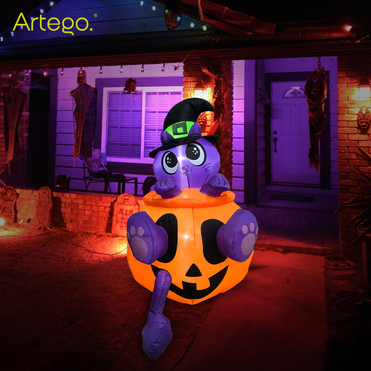 Inflable de Halloween gato minino en calabaza para exteriores 1.3m