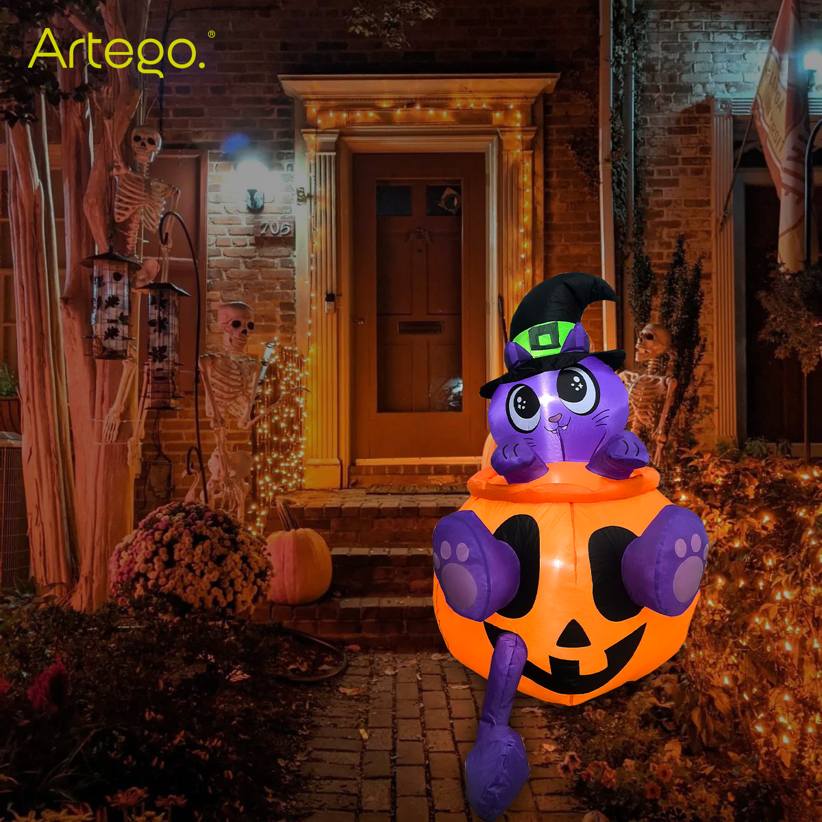 Inflable de Halloween gato minino en calabaza para exteriores 1.3m