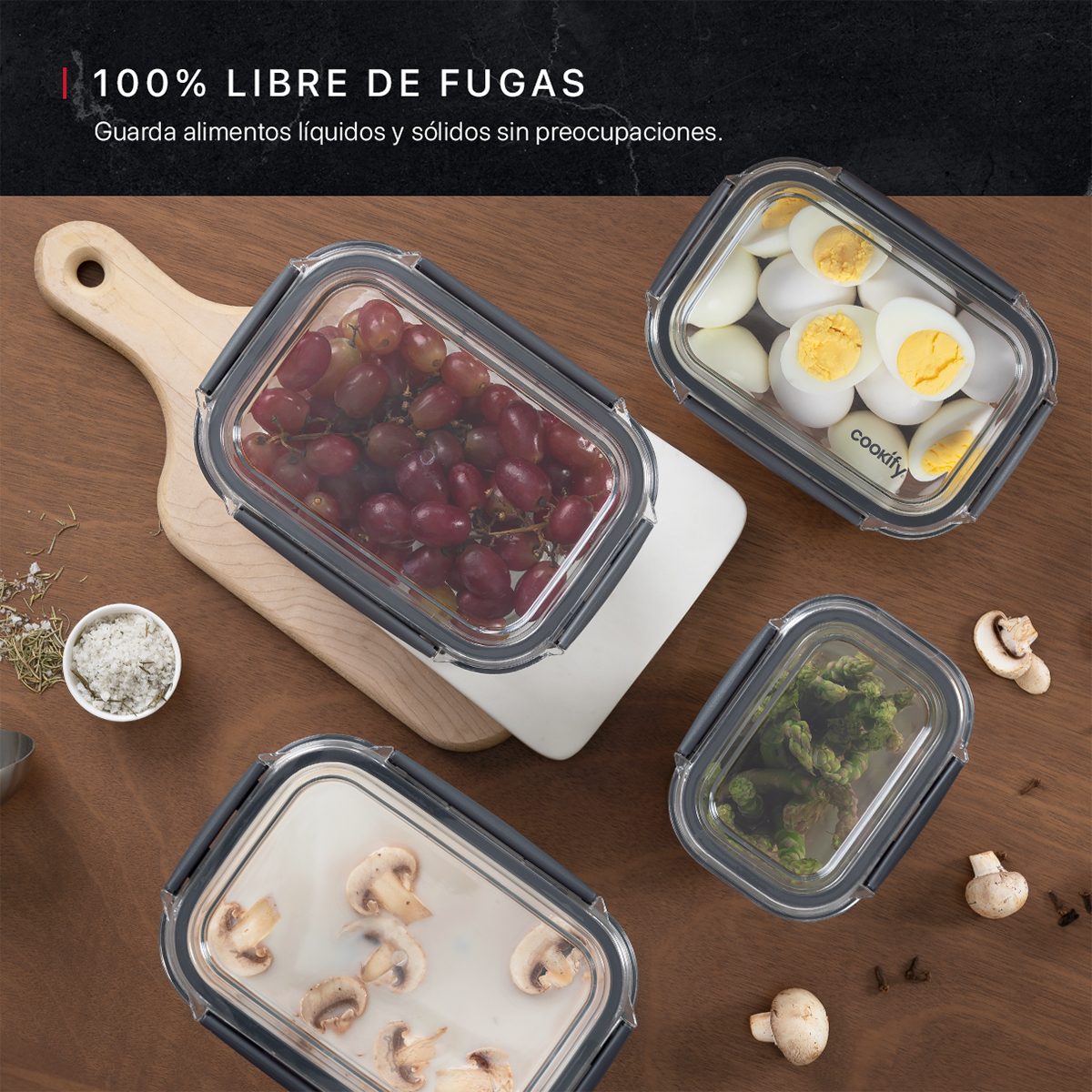 Recipientes de Plástico Herméticos para Alimentos 4 Contenedores con 4 Tapas - Organizadores Cookify