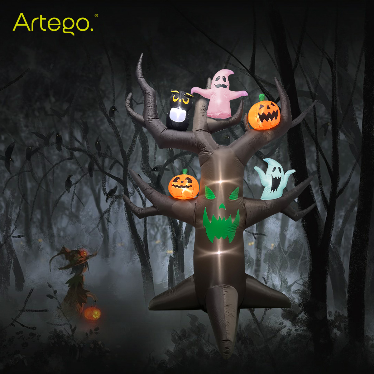 Inflable de Halloween Árbol tenebroso con calabazas y fantasmas multiled para exteriores 2.8m
