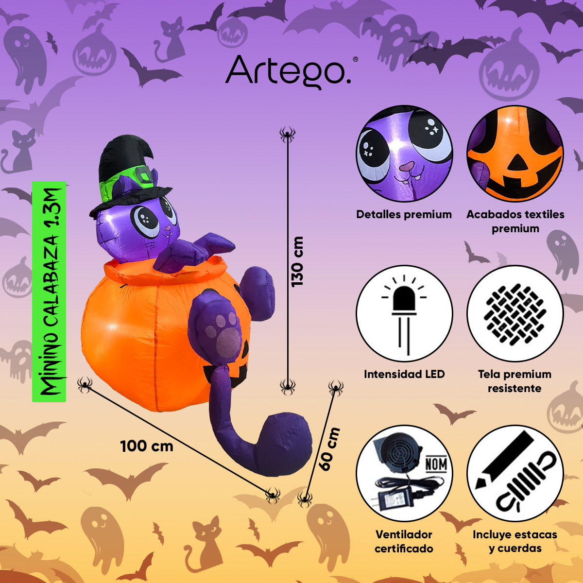 Inflable de Halloween gato minino en calabaza para exteriores 1.3m