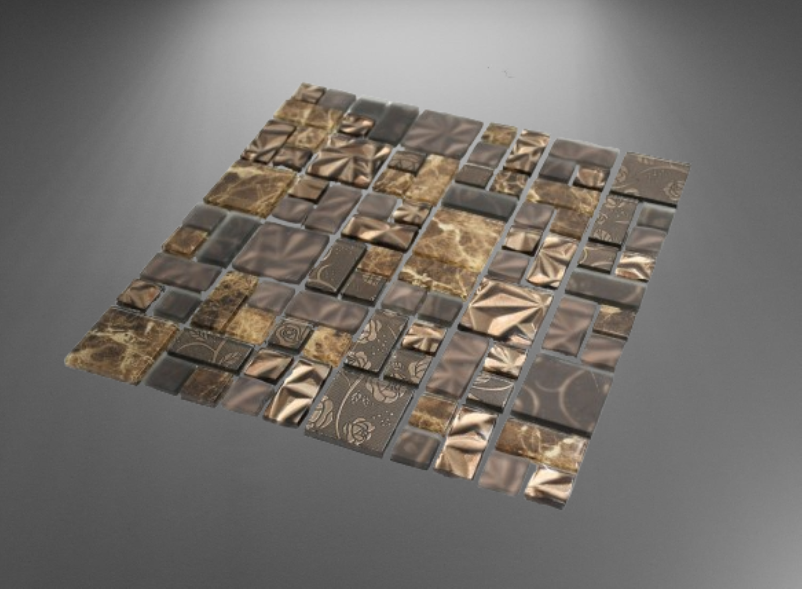 Malla o Mosaico Decorativo de vidrio BUI, medida 30 x 30 cms. (base por altura). Diseño en tonos cafés, con detalles marmoleados y en relieve. Caja de 5 piezas.